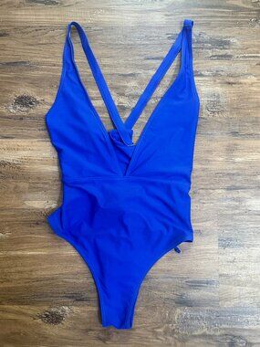Sexy Bright Blue Deep V One Piece Swimsuit Large Plunging